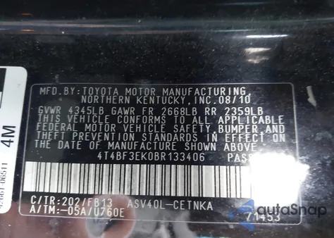 2011 Toyota Camry Le from USA, damaged, VIN 4T4BF3EK0BR133406